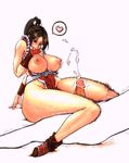  breasts brown_eyes brown_hair cum ejaculation heart japanese_clothes large_breasts legs long_legs penis ponytail shiranui_mai solo_focus the_king_of_fighters thick_thighs thigh_sex thighs traditional_media wrato 