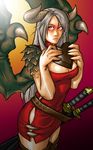  artist_request breasts chocolate cleavage dragon_girl fantasy grey_hair heart highres horns long_hair original red_eyes sword take_(artist) take_(draghignazzo) thighhighs valentine weapon wings 