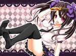  black_hair black_legwear bow cellphone cellphone_camera checkered checkered_skirt hair_bow hand_on_own_face harukaruha himekaidou_hatate open_mouth phone red_eyes shirt skirt smile solo thighhighs touhou twintails upskirt white_shirt 