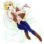  ahoge america_(hetalia) axis_powers_hetalia az0212 bad_id bad_pixiv_id bed blonde_hair blue_eyes boots cowboy_boots male_focus midriff ribbon solo younger 