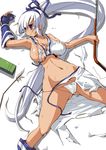  arrow blue_eyes bow_(weapon) breasts hairband hirowa_nagi large_breasts lying majikina_mina panties ponytail ribbon samurai_spirits snk solo thick_thighs thighs torn_clothes underwear weapon white_hair wide_hips 