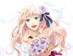  bare_shoulders blonde_hair blue_eyes bouquet bridal_veil bride dress elbow_gloves flower gloves hair_flower hair_ornament jewelry long_hair macross macross_frontier monaka necklace open_mouth pearl rose sheryl_nome single_earring smile solo veil wedding_dress white_flower white_gloves white_rose 