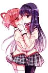  akemi_homura bad_id bad_pixiv_id blush hand_on_another's_cheek hand_on_another's_face imminent_kiss kaname_madoka mahou_shoujo_madoka_magica mitakihara_school_uniform multiple_girls pantyhose pink_hair purple_eyes purple_hair red_eyes school_uniform thighhighs twintails wasabi_(sekai) white_legwear yuri zettai_ryouiki 