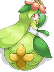  blush flower_girl laying_down lilligant lying no_humans plant_girl pokemon red_eyes sexually_suggestive simple_background solo wink 