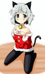  animal_ears bell bell_collar black_legwear cat_ears cat_tail christmas collar green_eyes highres pantyhose santa_costume sanya_v_litvyak silver_hair solo strike_witches tail tokiani world_witches_series 