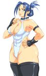  abs armor black_legwear blair_dame blue_eyes breasts cleavage collar green_eyes hair_ornament hairclip hand_on_hip iad japanese_armor kote large_breasts lips solo street_fighter street_fighter_ex_(series) thick_thighs thighhighs thighs updo 