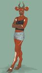  bongo brown brown_fur cervine clothed clothing crossed_arms eurycerus female fur hooves hoovesblue_eyes horn horns mammal markings shorts simple_background solo standing tomboy 