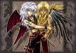  2boys bakura_ryou bat_wings belt belts blonde_hair collar dark_skin gold_eyes jewelry male male_focus marik_ishtar midriff multiple_boys pale_skin purple_eyes ryou_bakura silver_hair topless wings yami_bakura yellow_eyes yu-gi-oh! yuu-gi-ou_duel_monsters 