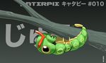  antennae arthropod black_eyes caterpie caterpillar english_text gillpanda grabbing insect japanese_text mandibles nintendo pok&#233;mon pok&eacute;mon silk solo spider_web string text tree upside_down video_games wood 