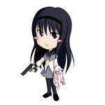  akemi_homura black_eyes black_hair blood blush_stickers gun hairband handgun kyubey long_hair magical_girl mahou_shoujo_madoka_magica no_nose open_mouth pantyhose pistol sakurato_tsuguhi simple_background solo weapon 