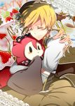  beret blonde_hair cake charlotte_(madoka_magica) closed_eyes cup detached_sleeves drill_hair fingerless_gloves food fruit gloves hair_ornament hat hug lace magical_girl mahou_shoujo_madoka_magica pleated_skirt puffy_sleeves skirt strawberry teacup tomoe_mami tousei 
