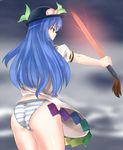  ass blue_hair cube_(circussion) hat hinanawi_tenshi long_hair no_pants panties red_eyes solo striped striped_panties sword sword_of_hisou touhou underwear weapon 