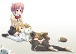  blonde_hair bow drill_hair fingerless_gloves gloves hair_bow hair_ribbon hat hat_removed headwear_removed kaname_madoka kneeling kyubey lap_pillow long_hair lying magical_girl mahou_shoujo_madoka_magica mitakihara_school_uniform multiple_girls pink_eyes pink_hair ribbon sayousuke school_uniform short_hair short_twintails smile thighhighs tomoe_mami twintails white_legwear yellow_eyes 