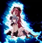  bad_id bad_pixiv_id blue_hair bow detached_sleeves hair_bow highres hug kneehighs long_hair long_ponytail magical_girl mahou_shoujo_madoka_magica miki_sayaka mitakihara_school_uniform multiple_girls panties ponytail red_hair sakura_kyouko school_uniform short_hair shouki skirt spoilers tears underwear 