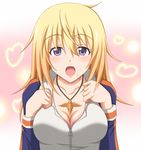  blonde_hair blush breasts charlotte_dunois cleavage heart highres infinite_stratos jacket jewelry large_breasts minatsuki_nao necklace open_mouth purple_eyes raglan_sleeves solo track_jacket zipper 