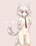  animal_ears arutoria blush breasts covered_nipples dots navel necktie nipples nude open_clothes original red_eyes short_hair simple_background small_breasts solo tail white_hair wolf_ears wolf_tail 