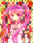  ajuvyrvosjfj arms_at_sides bad_id bad_pixiv_id border checkered checkered_background coat detached_sleeves flower long_hair multicolored multicolored_background polka_dot_border purple_eyes purple_hair sidelocks solo sophie_(tales) tales_of_(series) tales_of_graces twintails yellow_border 