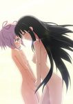  akemi_homura ardnades black_hair blush breasts closed_eyes face-to-face flat_chest forehead-to-forehead hair_ribbon hairband highres holding_hands kaname_madoka long_hair mahou_shoujo_madoka_magica multiple_girls nipples nude pink_eyes pink_hair ribbon short_hair short_twintails small_breasts tears twintails yuri 