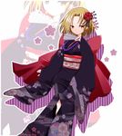  blonde_hair blush fang flower furisode hair_flower hair_ornament ichijiku_(isyourguitar) japanese_clothes kimono kyouyama_anna shaman_king short_hair solo yellow_eyes zoom_layer 