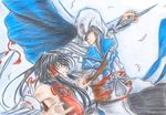  1girl assassin's_creed_(series) assassin's_creed_ii bad_id bad_pixiv_id bare_shoulders belt black_hair cloak colored_pencil_(medium) cosplay crossover detached_sleeves ezio_auditore_da_firenze ezio_auditore_da_firenze_(cosplay) feathers hidden_blade japanese_clothes long_hair m.u.g.e.n mannosuke morichika_rinnosuke original sendai_hakurei_no_miko silver_hair touhou traditional_media vambraces weapon you_(esparda) 