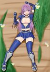  armor asuru asuru_(armor) blush breasts capcom flower highres large_breasts lying monster_hunter monster_hunter_frontier nipple_slip nipples purple_eyes purple_hair 