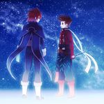  blue_background boots brown_hair folks_(nabokof) gloves knee_boots kratos_aurion lloyd_irving male_focus multiple_boys night red_eyes red_hair red_shirt shirt star tales_of_(series) tales_of_symphonia tanabata 