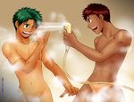  2boys brown_eyes brown_hair censored club_z convenient_censoring dark-skinned_male dripping green_eyes green_hair hose locker_room male male_focus multiple_boys muscle shared_bathing shower standing tan tanline water wet 