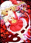  ascot bad_id bad_pixiv_id bat blonde_hair blush fingernails flandre_scarlet foreshortening hands hat hat_ribbon hiru0130 laevatein long_fingernails long_hair looking_up mary_janes miniskirt nail_polish red_eyes ribbon shoes side_ponytail skirt solo touhou wings 