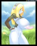  anthro big_breasts bovine breasts cattle clubstripes female grass green_eyes huge_breasts huge_nipples hyper hyper_breasts mammal miu nipples oversized_breasts solo 