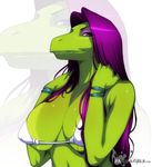  big_breasts blowup_background bra breasts cyberunique female green green_body hair lizard looking_at_viewer makeup purple_eyes purple_hair reptile scalie solo underwear 