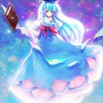  bad_id bad_pixiv_id blue_hair blush book bow dress gradient_hair kamishirasawa_keine long_hair multicolored_hair paper red_eyes silver_hair sky smile solo sparkle star_(sky) starry_sky takahashi_(te6-6ba) touhou very_long_hair 