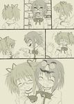  bad_id bad_pixiv_id banned_artist bespectacled comic friends funny_glasses glasses gonzaburou grin hair_ornament hair_ribbon hairclip hug hug_from_behind kaname_madoka mahou_shoujo_madoka_magica miki_sayaka monochrome multiple_girls open_mouth ribbon school_uniform silent_comic smile twintails 