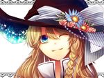  bad_id bad_pixiv_id beads blonde_hair blue_eyes braid close-up closed_mouth face flower hat hat_flower hat_ribbon kirisame_marisa multicolored multicolored_eyes nicole_(lion) one_eye_closed pink_flower pink_rose ribbon rose single_braid solo touhou witch_hat 