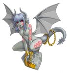  blue_hair breasts chains cuffs female gargoyle grey_skin hair horns kenkou_kurosu nude piercing plinth pointy_ears red_eyes scalie solo tail tattoo wings 