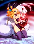  animal_ears bad_hands blonde_hair blue_eyes breasts bunny bunny_ears bunny_girl bunny_tail bunnysuit cleavage easter easter_egg egg genzoman glowing glowing_eyes large_breasts long_hair original purple_legwear red_eyes shoes smile solo star tail thighhighs zipper 