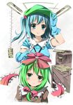  aqua_eyes aqua_hair bad_id bad_pixiv_id blush bow dress frills front_ponytail gloves green_eyes green_hair hair_bobbles hair_ornament hat jewelry kagiyama_hina kawashiro_nitori long_hair multiple_girls necklace nironiro paper smile touhou two_side_up wrench 