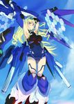  armor armpits arms_up bangs bare_shoulders blonde_hair blue_eyes blue_leotard blue_tears_(infinite_stratos) breasts cecilia_alcott cloud covered_navel day detached_wings drill_hair faulds flying from_below gauntlets greaves gun hairband halterneck hexagon holding holding_weapon huge_weapon infinite_stratos large_breasts leotard light_smile long_hair looking_at_viewer mecha_musume outdoors pelvic_curtain pilot_suit puuakachan rifle scope sidelocks sky smile solo turtleneck very_long_hair weapon wings 