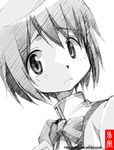  dutch_angle gofu greyscale mahou_shoujo_madoka_magica miki_sayaka mitakihara_school_uniform monochrome school_uniform short_hair sketch solo spot_color traditional_media 