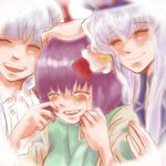  closed_eyes crying face friends fujiwara_no_mokou hanannnn hand_on_head happy happy_tears hieda_no_akyuu kamishirasawa_keine laughing multiple_girls smile tears touhou 