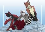  bed blue_eyes boxers canine cardinal_(artist) checkers claws fox fur gradient_background grey grey_fur hindpaw male mammal markings maroon open_mouth pajamas pawpads paws pillow pillow_fight pyjamas simple_background teeth underwear wolf 