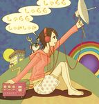  animal antlers bad_id bad_pixiv_id barefoot bird black_hair fuura_kafuka hair_ornament hairclip headphones hood hoodie open_mouth penguin polka_dot profile radio rainbow satellite_dish sayonara_zetsubou_sensei seishoku_fuoto shadow short_hair shorts sitting smile solo stick_figure 