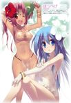  2girls :d :o absurdres aqua_hair blue_eyes bracelet breasts circlet cleavage copyright_request covered_nipples dark_skin dew dew_drop elbow_gloves erect_nipples fairy fairy_wings flower gloves groin hair_flower hair_ornament highres hip_bones hoppege jewelry leaf loincloth mound_of_venus multiple_girls navel necklace nipples o-ring_top one_eye_closed open_mouth purple_hair red_eyes see-through shiny shiny_skin smile underboob water_drop wet wings wink 