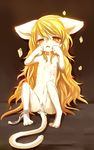  after_sex blonde_hair cat censored chest_tuft cub cum feline female hair japanese_text kishibe multi_nipple orange_eyes panties panties_around_one_leg pussy sitting solo tail tears underwear very_long_hair wet white 