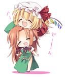  :d ^_^ bow chibi chibi_on_head china_dress chinese_clothes closed_eyes dress fang flandre_scarlet hat hat_bow head_grab hong_meiling multiple_girls on_head open_mouth person_on_head red_dress side_ponytail side_slit skirt skirt_set smile star touhou wings yukimiya_(parupunta) 