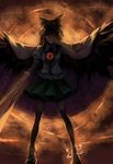  backlighting bad_id bad_pixiv_id black_hair bow cape glowing glowing_eyes hair_bow highres long_hair pleated_skirt red_eyes reiuji_utsuho skirt smile solo touhou windyakuma wings 