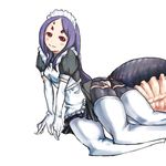  1girl alternate_costume arachne blue_hair elbow_gloves enmaided extra_eyes gloves insect_girl long_hair looking_at_viewer maid monster_girl multiple_eyes purple_hair red_eyes simple_background smile solo spider spider_girl thighhighs white_background 