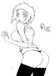  ass bare_shoulders black_legwear character_name from_behind greyscale highres looking_back monochrome open_mouth panties persona persona_3 short_hair simple_background solo suta_furachina tank_top thighhighs thong underwear yamagishi_fuuka 