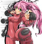  anonimasu bad_id bad_pixiv_id blush bodysuit breasts covered_nipples fighting_stance freckles gloves green_eyes highres li_raichi long_hair medium_breasts open_mouth pink_hair shijou_saikyou_no_deshi_ken'ichi solo twintails 