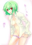  breasts breasts_apart dress_shirt green_hair groin highres karuna_(madlax) kazami_yuuka medium_breasts no_bra no_pants open_clothes open_shirt panties panty_pull pink_panties red_eyes shirt short_hair solo touhou underwear undressing 