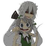  bad_id bad_pixiv_id bow braid drooling empty_eyes face finger_in_mouth fingersmile ghost grey_eyes hair_bow hands hitodama izayoi_sakuya konpaku_youmu konpaku_youmu_(ghost) maid_headdress mouth_pull multiple_girls open_mouth rape_face red_eyes saliva shaded_face short_hair silver_hair simple_background sweat touhou trembling twin_braids upper_body vest yaza you_gonna_get_raped 